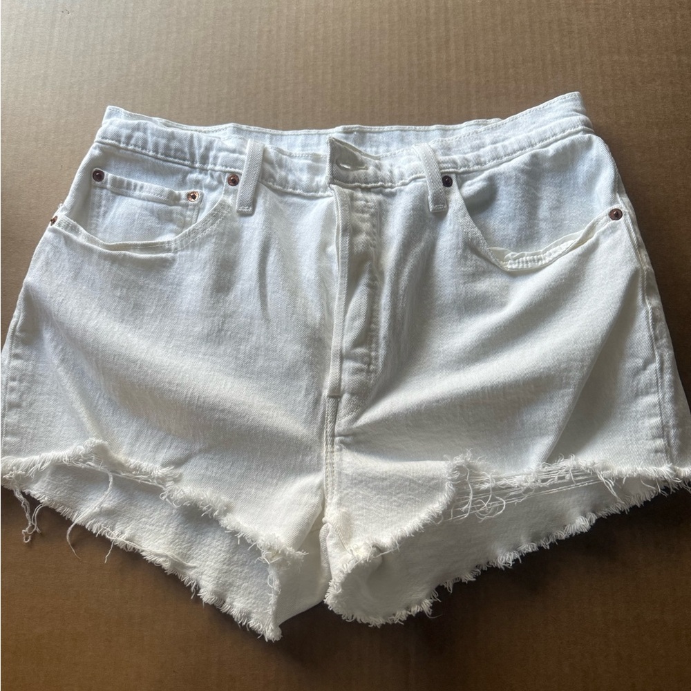 Levi's White Jean Shorts with Frayed Hem